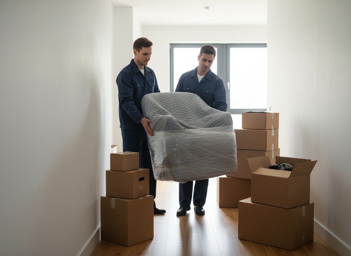 Sorgsames Umzugsteam trägt eingepackte Möbel
